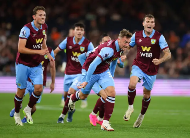 Jacob Bruun Larsen celebrates with Burnley team-mates