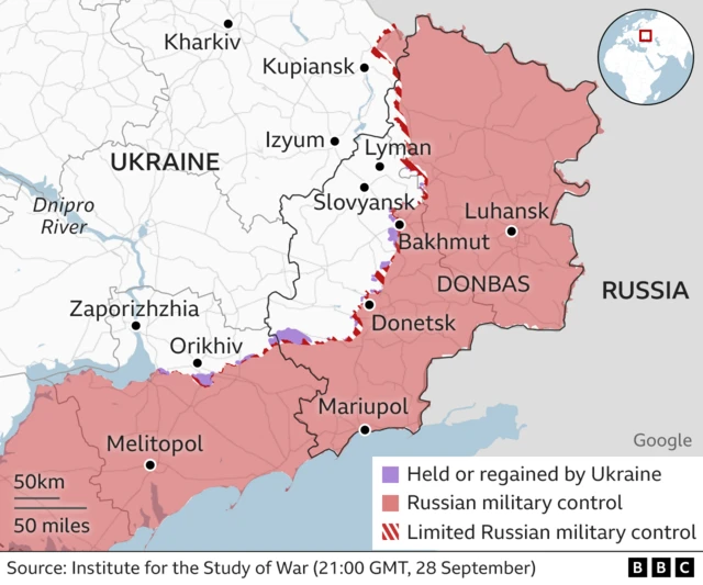 Map showing eastern Ukraine and areas of control