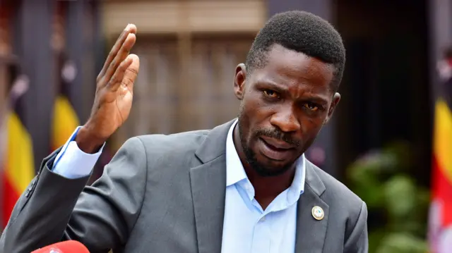 Ugandan opposition leader and singer Robert Kyagulanyi Ssentamu, known as Bobi Wine addresses a news conference in Kampala