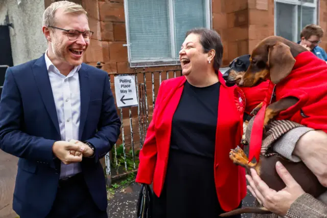 Labour candidate Michael Shanks and the party's Scottish deputy leader Jackie Baillie at a polling station earlier