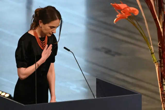 Nobel Peace Prize 2022 winner and Head of the Ukrainian Center for Civil Liberties (CCL) Oleksandra Matviichuk bows at the end of her speech during the 2022 Nobel Peace Prize award ceremony at the City Hall in Oslo, Norway, on December 10, 2022