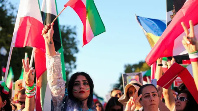 Women protesting with Iranian flags in Washington