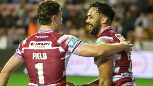 Bevan French and Jai Field celebrate for Wigan Warriors