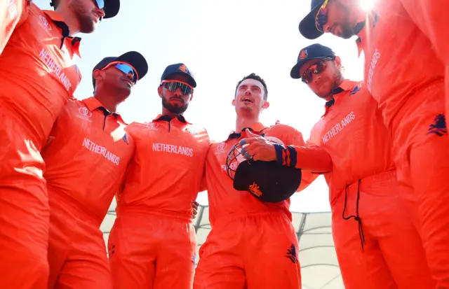 Netherlands team huddle ahead of their World Cup match against Pakistan