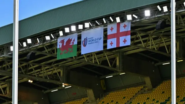 Welsh and Georgian flags in stadium