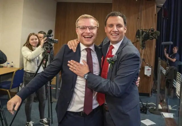 Scottish Labour leader Anas Sarwar (right) with candidate Michael Shanks after Labour won the Rutherglen and Hamilton West by-election, at South Lanarkshire Council Headquarters in Hamilton.