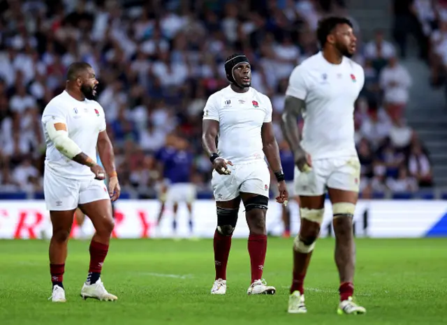 Maro Itoje of England looks on at the big screen