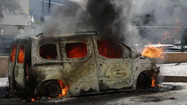 A burning vehicle in Ashkelon in Israel