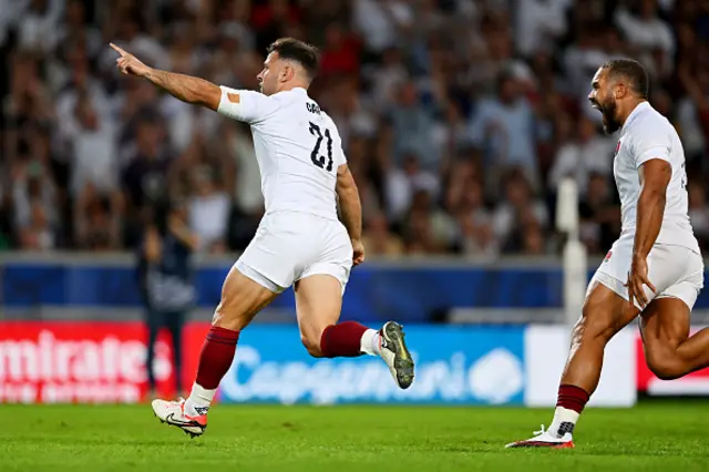 Danny Care of England celebrates scoring