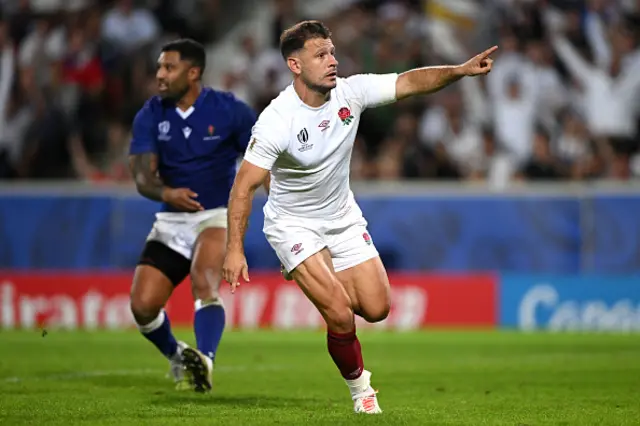 Danny Care of England celebrates scoring