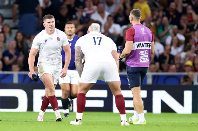 Owen Farrell of England reacts after his converted penalty is ruled out