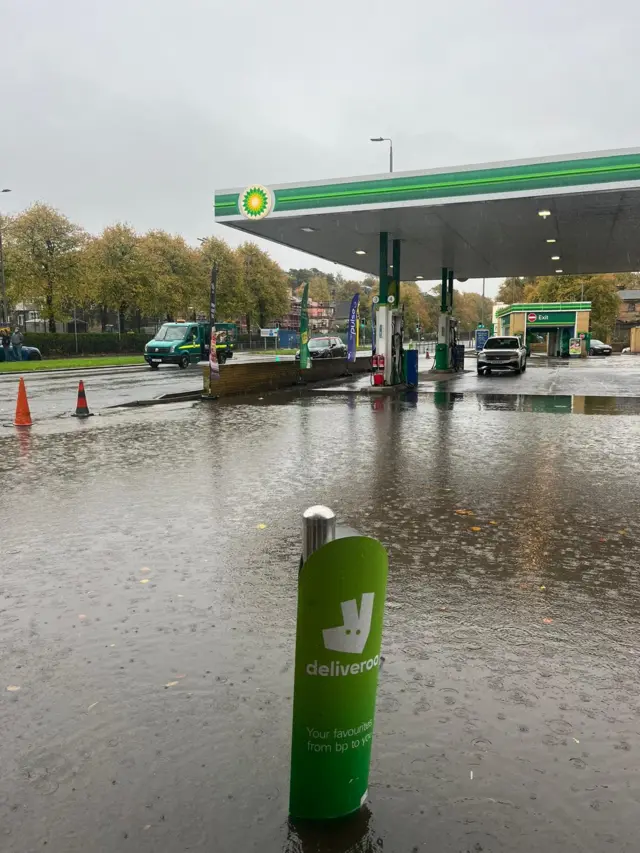 Flooding at petrol station