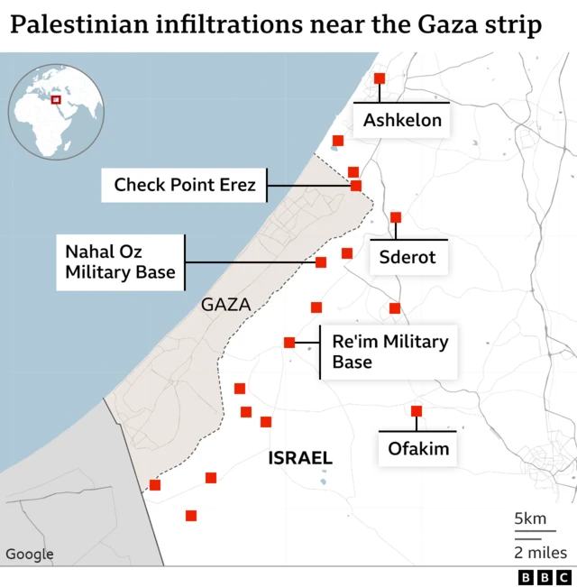 Map showing Palestinian infiltrations near the Gaza strip