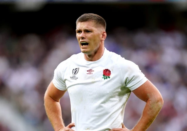 Owen Farrell frowns during the game