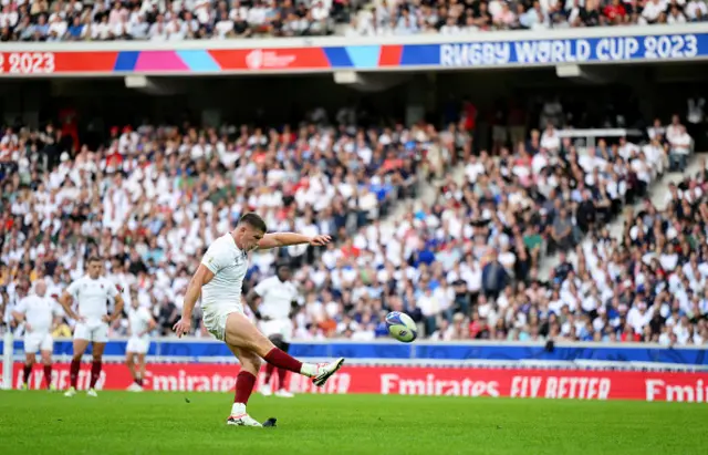 Owen Farrell of England kicks a penalty