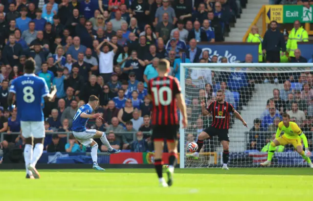 Garner takes aim at goal past the Bournemouth defender.