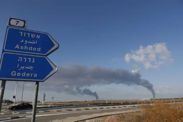 Smoke rising from the direction of the Israeli cities of Ashdod and Gedera following rocket launches from Gaza