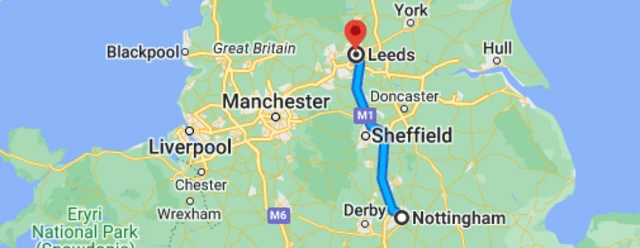 Leeds to Nottingham route