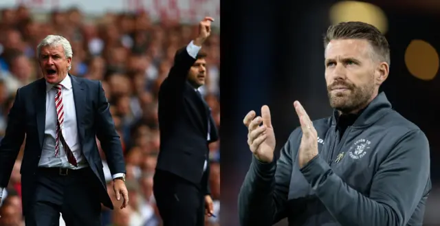 Hughes shouts orders at White Hart Lane, Edwards applauds the Luton fans.