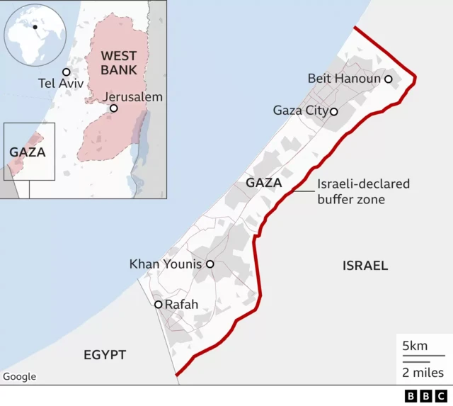 Map showing Gaza City and Tel Aviv