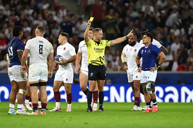 Tumua Manu of Samoa is shown a yellow card by Referee Andrew Brace,