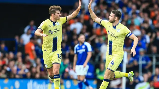 Preston celebrate scoring at Ipswich