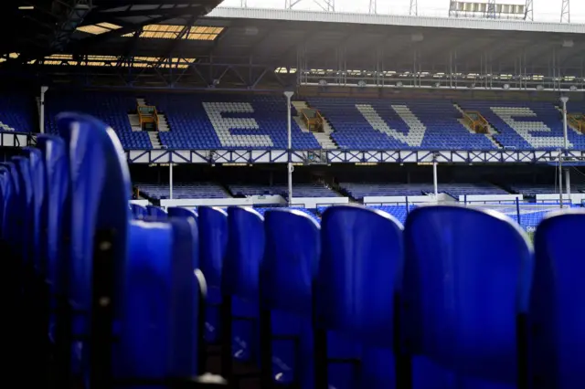 A general shot of the main stand at Goodison with seats in the foreground.