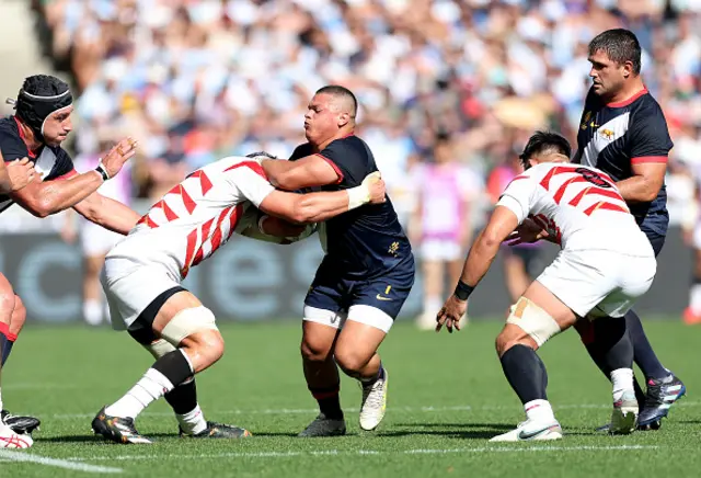 Thomas Gallo of Argentina is tackled by Pieter Labuschagne