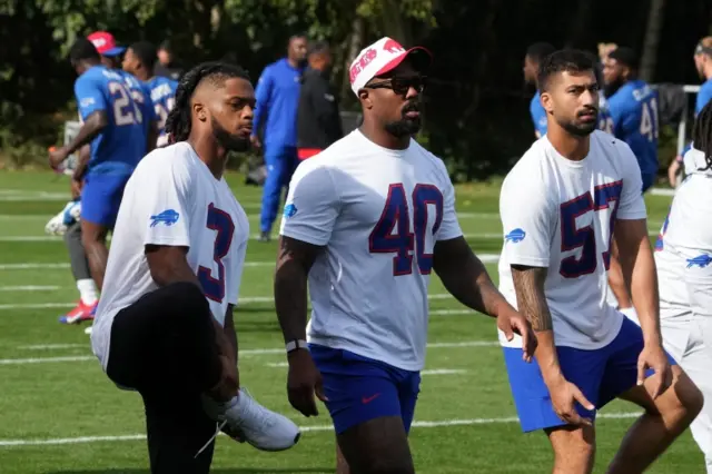 Damar Hamlin, Von Miller and AJ Epenesa at Buffalo Bills practice at the Grove Hotel in Hertfordshire