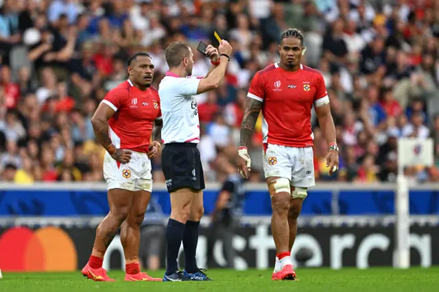 Halaleva Fifita of Tonga is shown a yellow card by Referee Angus Gardner