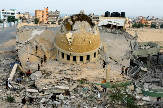 A destroyed mosque in Gaza, photographed from above