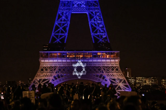 The Eiffel Tower in Paris lit up in support of Israel