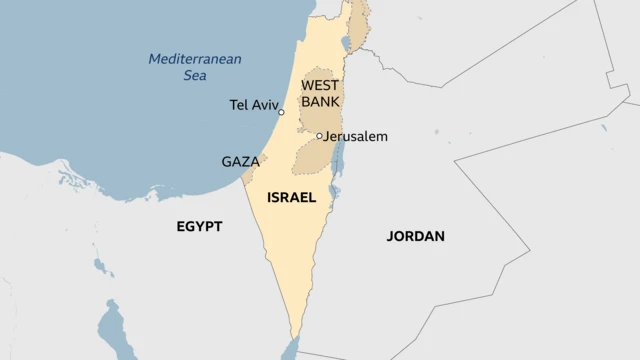 Map of showing borders between Egypt, Israel, Jordan and Gaza and West Bank bondaries