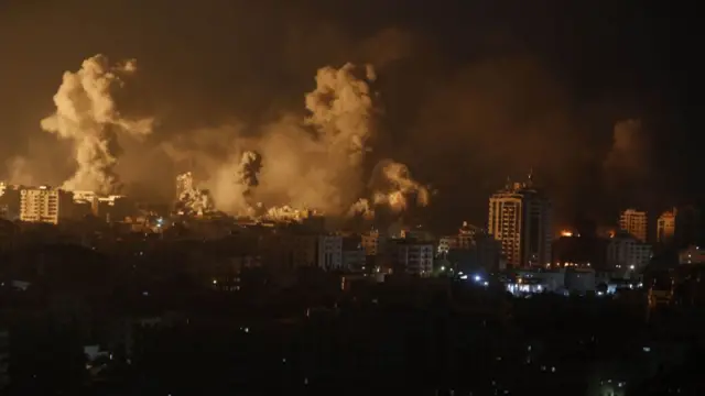 Smoke rises after Israeli airstrikes on the centre of Gaza City, Gaza on October 09, 2023.