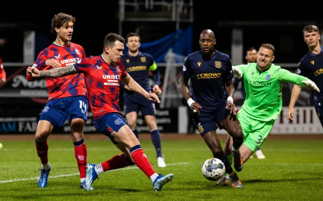 Rangers' Ryan Jack scores to make it 1-0 during a cinch Premiership match between Dundee FC and Rangers at The Scot Foam Stadium at Dens Park