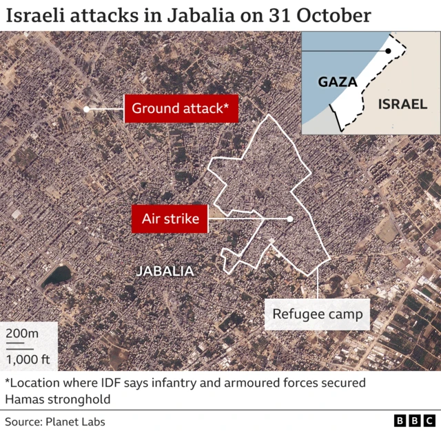 Map shows location of air strike within boundary of refugee camp in Jabalia. It also shows a separate area targeted by Israeli forces outside the camp boundary, more than 2km north-west. Map title reads: Israeli attacks on Jabalia on 31 October