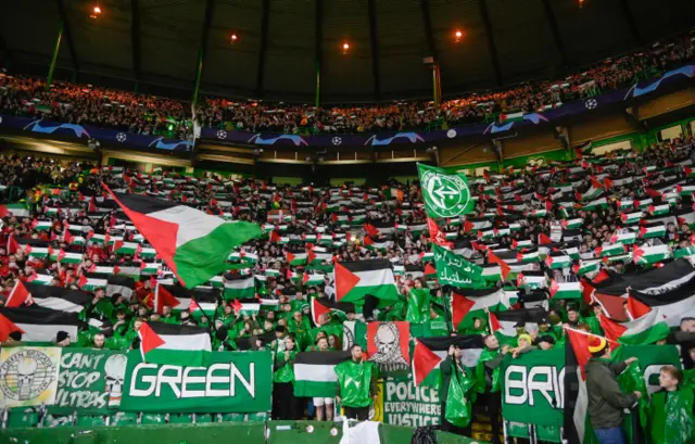 Palestinian flags were flown by Celtic fans shortly before last week's game against Atletico Madrid