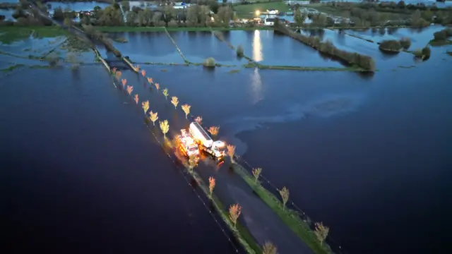 A drone shot of a fuel lorry stuck in Derrytresk