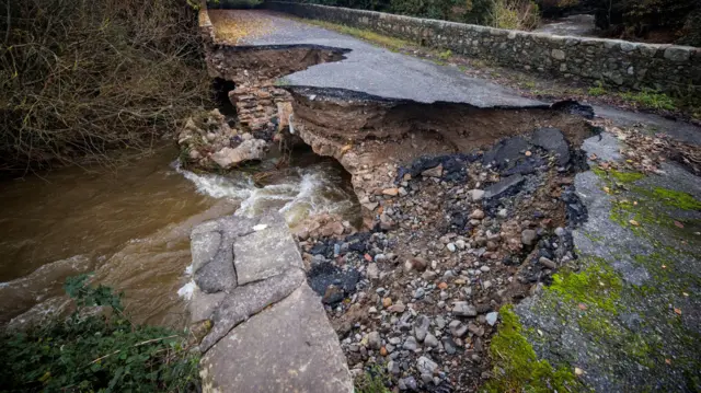 River Big Bridge partially collapsed overnight with heavy rain fall and flooding, outside in Carlingford, Co. Louth.