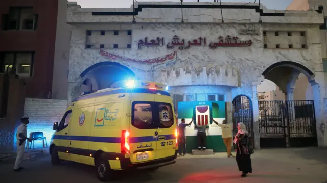 Am ambulance enters a hospital in Egypt.