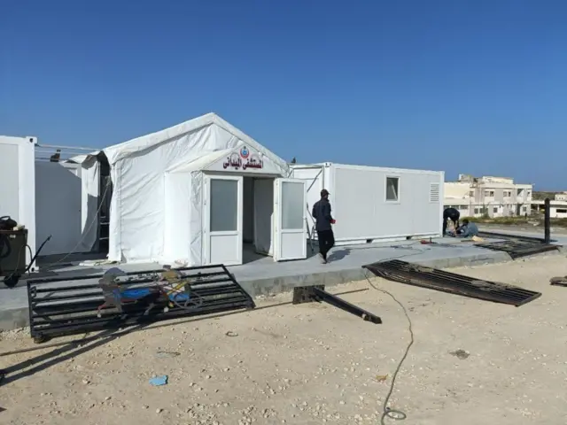 A view of a field hospital being built for the injured Palestinians at the closest border gate, Sheikh Zuweid residential area in Rafah, Egypt on October 31, 2023.