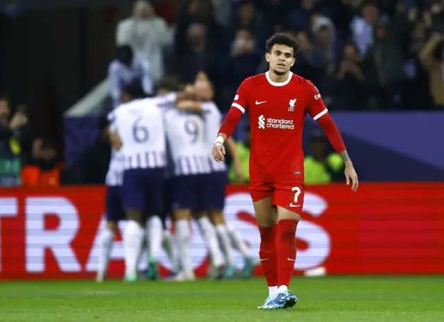 Luis Diaz playing for Liverpool at Toulouse