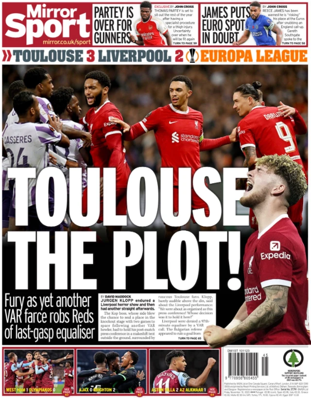Back page of the Daily Mirror on 10 November 2023