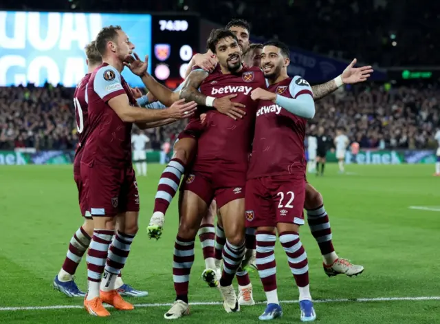 Lucas Paqueta celebrates scoring against Olympiakos
