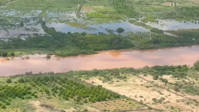 Flood water covers the area, following heavy rains in Luuq, Jubaland, Somalia, in this screen grab taken from a handout video released November 8, 2023.