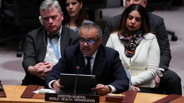 Director-General of the World Health Organisation (WHO) Dr. Tedros Adhanom Ghebreyesus attends a meeting of the United Nations Security Council on the conflict between Israel and Hamas, at U.N. headquarters in New York, U.S., November 10, 2023