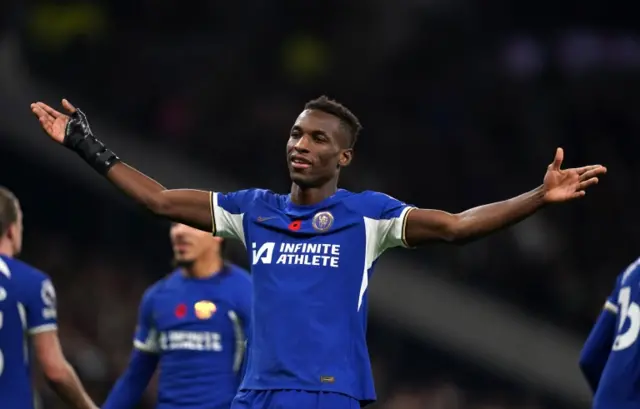 Nicolas Jackson celebrates scoring against Tottenham