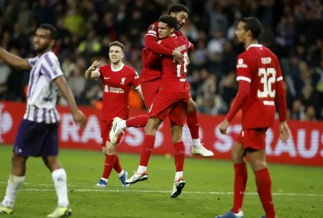 Jarell Quansah celebrates scoring for Liverpool against Toulouse before the goal was disallowed