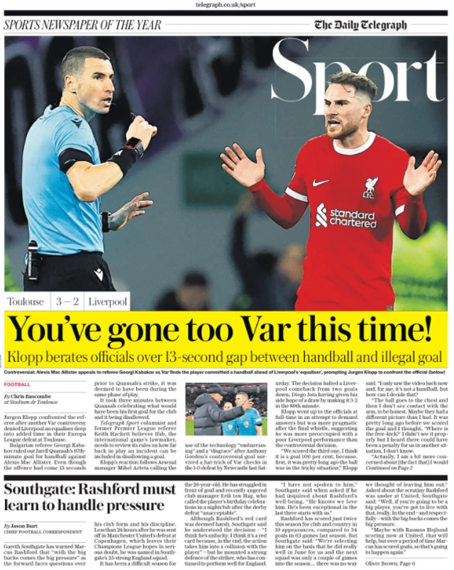 Lead sport page of the Daily Telegraph on 10 November 2023