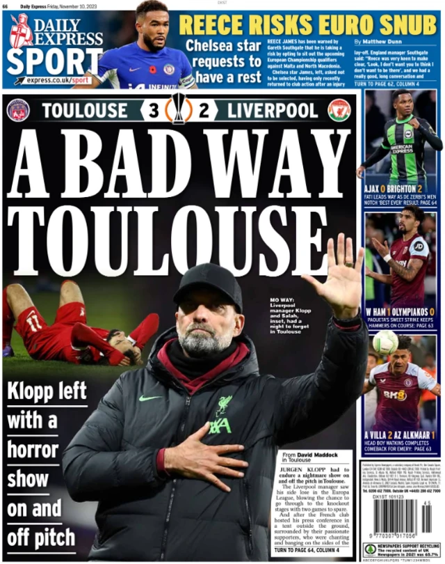 Back page of the Daily Express on 10 November 2023